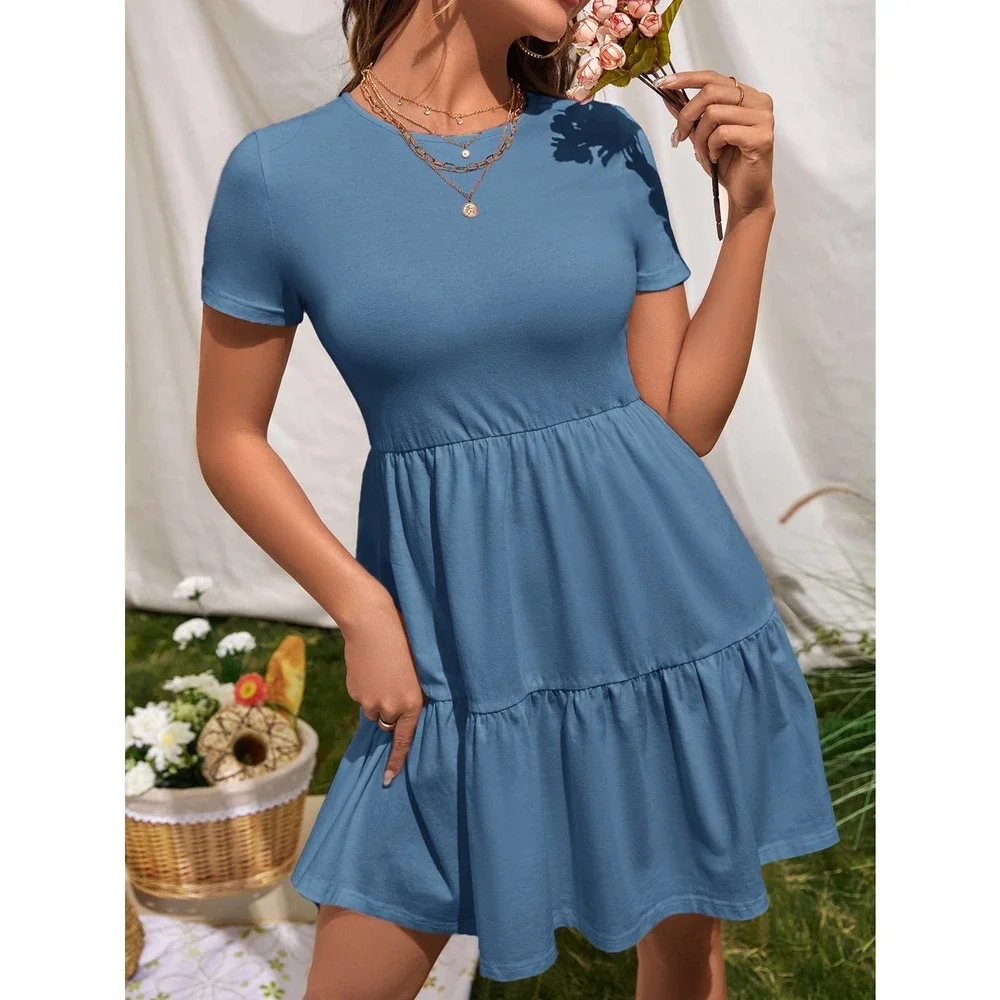 Short sleeve Ruffle Hem boho mini Dress black - Picture 10 of 12